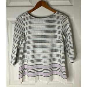 J. Jill Women's XS Petite 100% Linen Blouse Cream Grey Striped Button Back